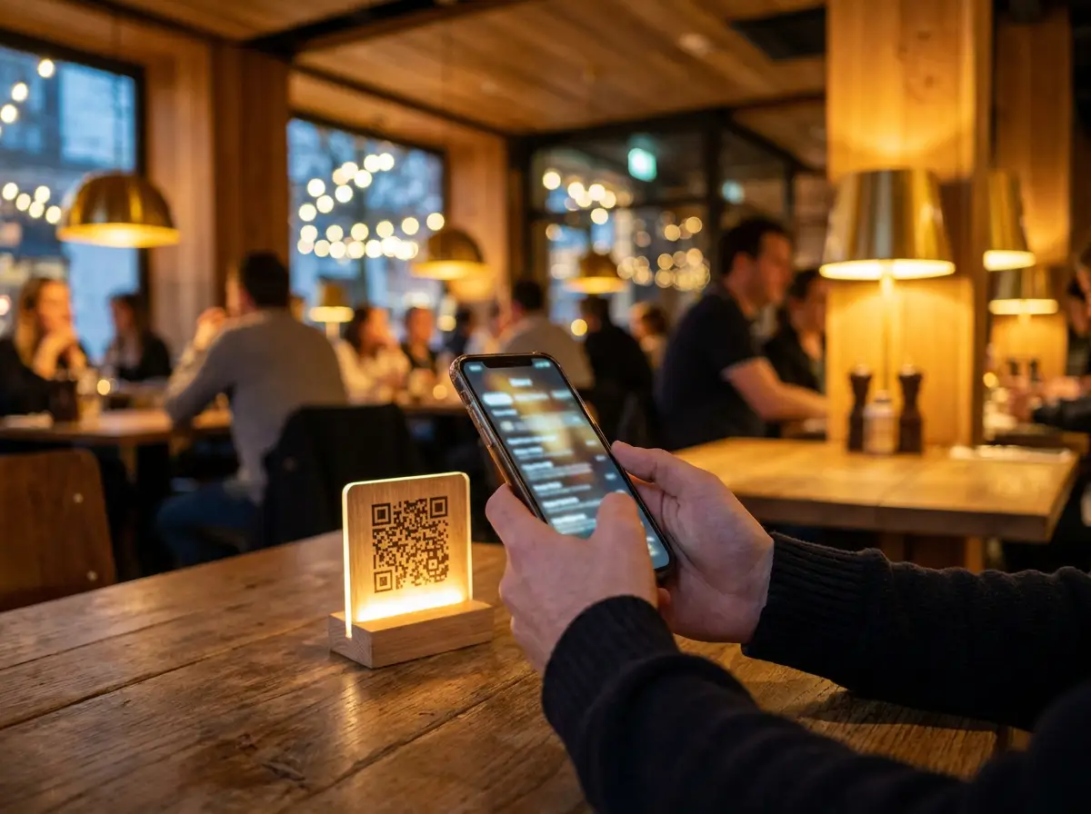 A guest scanning a Menuvyn QR code at a restaurant table